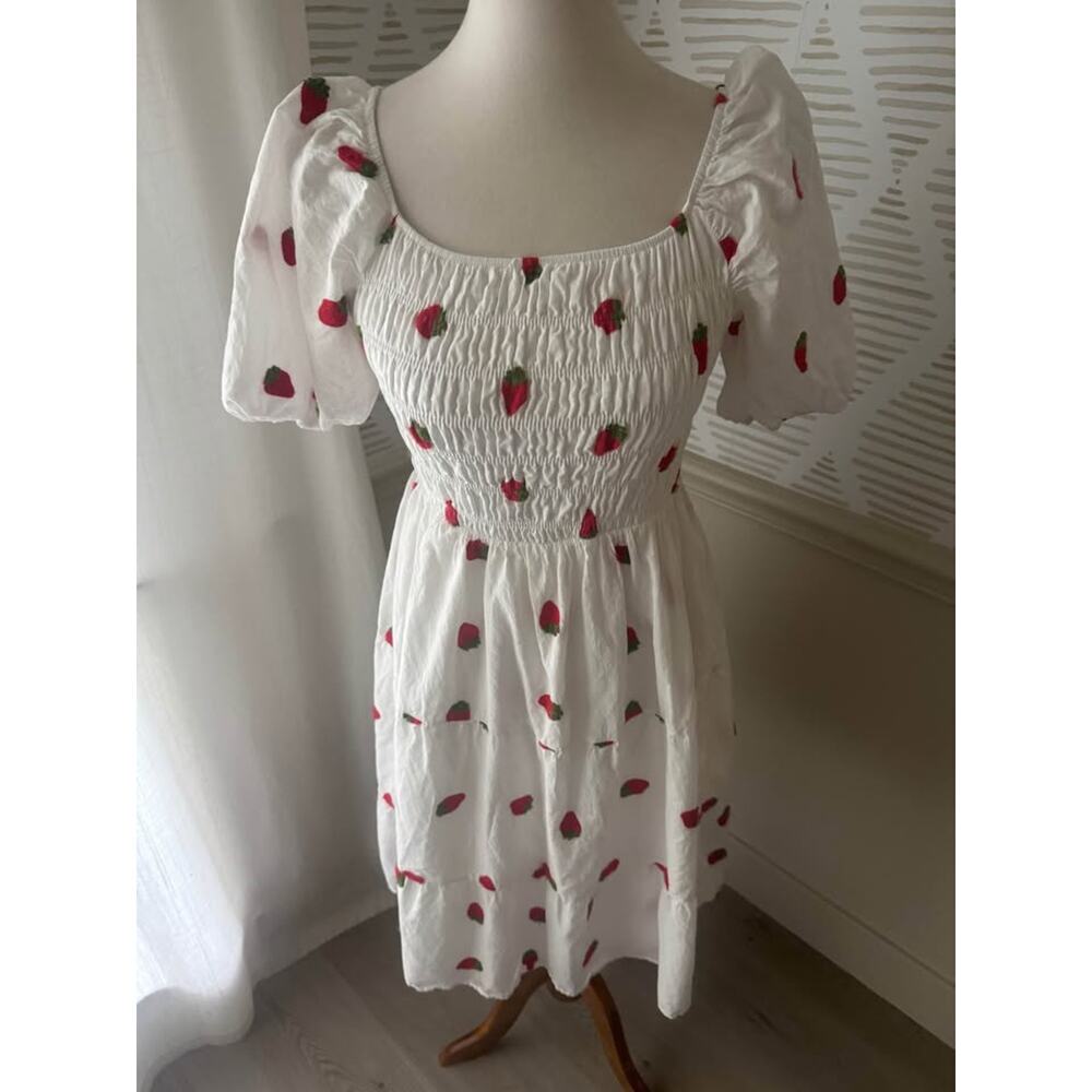 Kindred Small White Embroidered Strawberrry Cottagecore Milkmaid Midi Dress - Picture 2 of 5